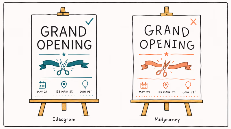 Side-by-side text rendering showing Ideogram spelling words correctly while Midjourney misspells them