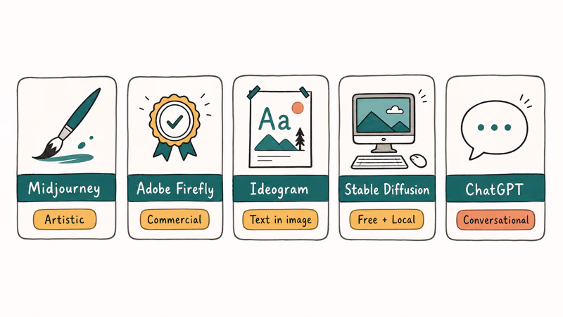 Five AI image generators matched to their best use cases in a comparison grid