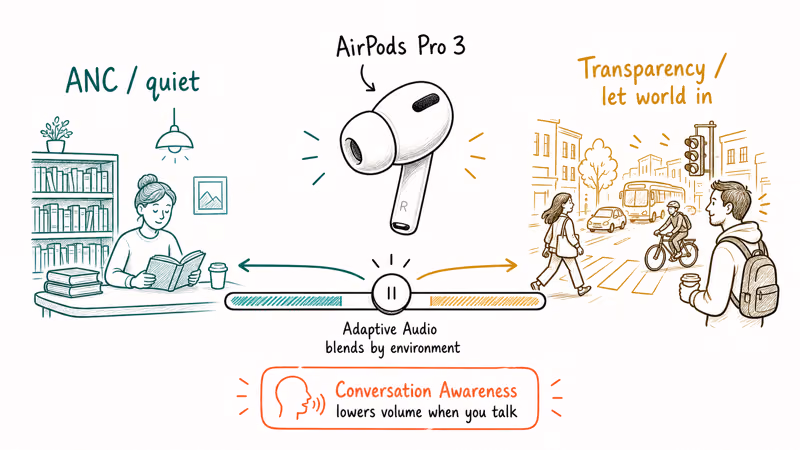 AirPods Pro 3 Adaptive Audio blending noise cancellation and transparency by surrounding environment