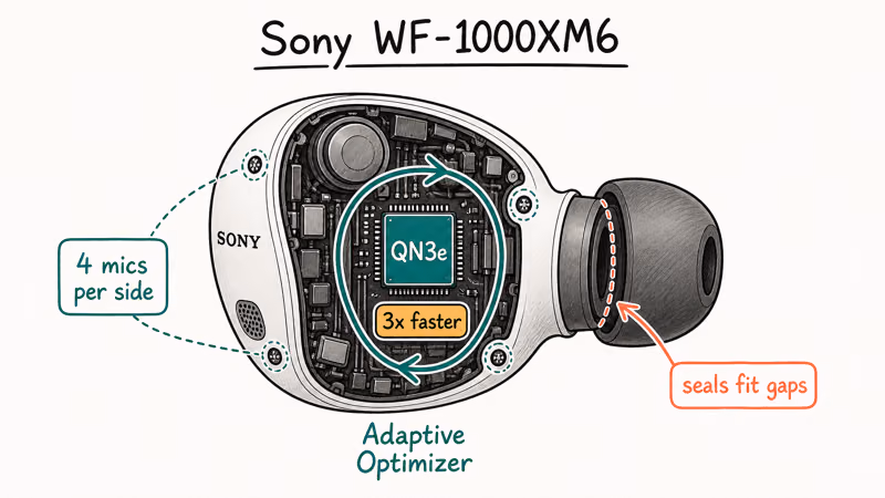 Sony WF-1000XM6 earbud showing the faster QN3e processor and four microphones per side