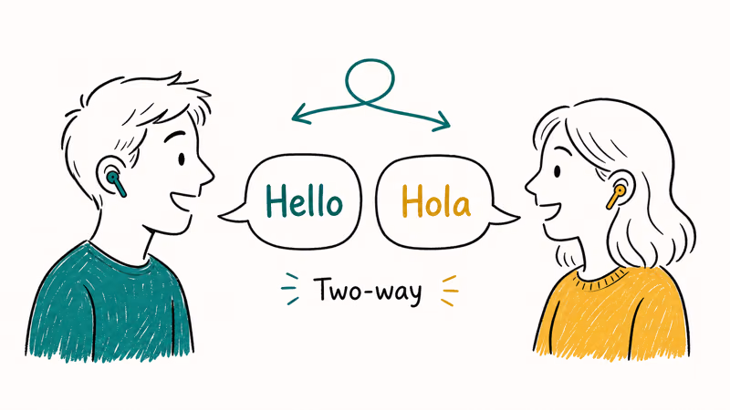 Two people each wearing one shared earbud, exchanging translated speech in two languages