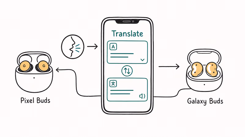 Smartphone running a translate app linking Pixel Buds and Galaxy Buds for spoken translation