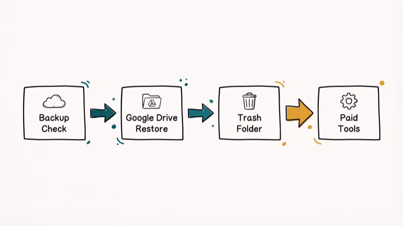 Flowchart of free Android data recovery steps from Google backup to cloud restore before paid tools