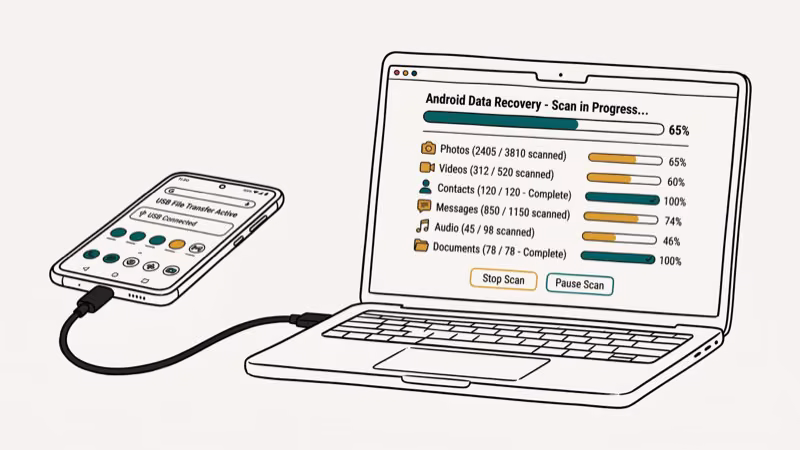 Android phone connected to laptop via USB cable with data recovery scan interface showing file types