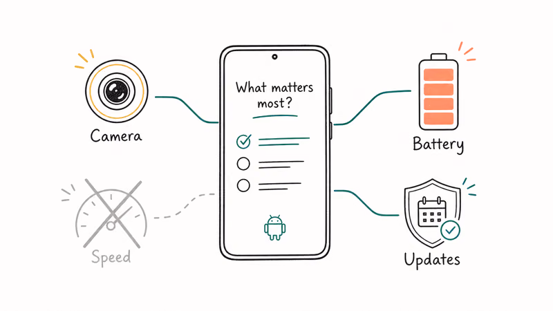 Hand-drawn board mapping an Android phone to camera, battery, and update-life buying priorities for 2026