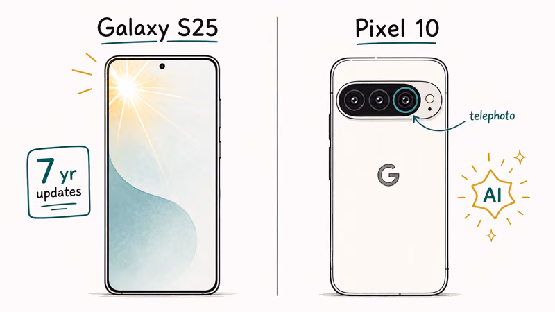 Side-by-side hand-drawn Galaxy S25 and Pixel 10 flagships comparing bright display polish versus telephoto camera strength