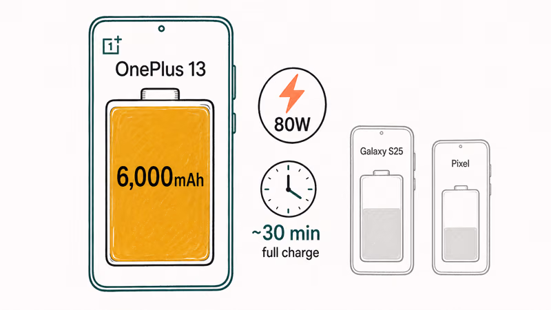 Hand-drawn OnePlus 13 with a large 6000mAh battery and 80W fast charging outpacing smaller Galaxy and Pixel cells