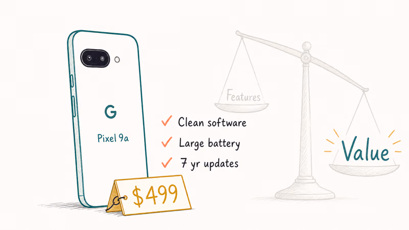 Hand-drawn Pixel 9a on a 499 dollar price tag listing clean software, big battery, and seven-year updates