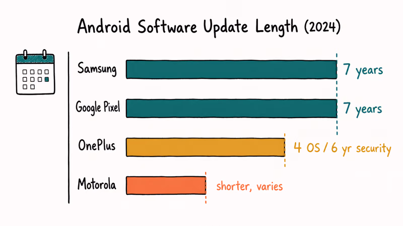 Hand-drawn bar chart comparing Android update length with Samsung and Google at seven years ahead of OnePlus and