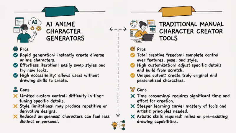 Comparison of AI anime generators versus manual character editors showing pros and cons for each