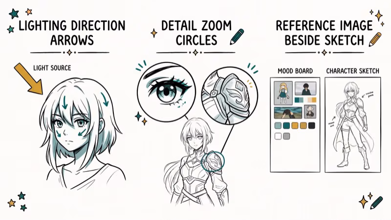 Tips for better anime character results showing lighting direction, detail zoom, and reference image placement