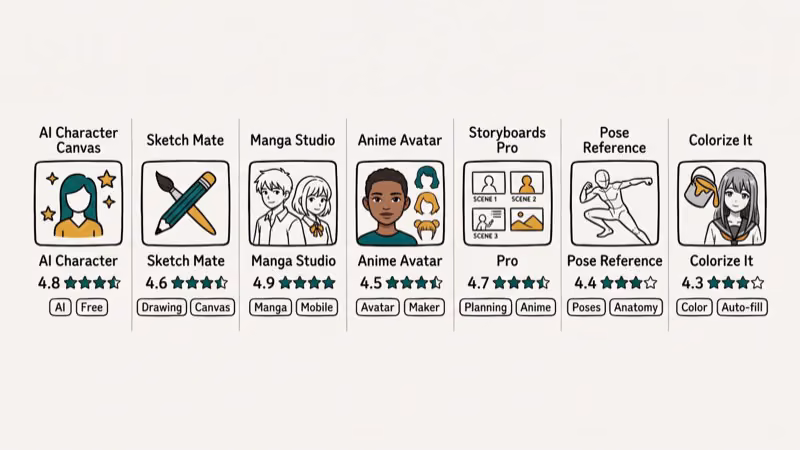 Grid of seven anime character creator apps with free or paid labels and key feature tags