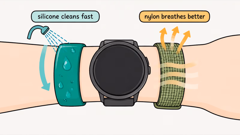 Silicone sport band rinsing clean beside breathable nylon weave for sweaty workouts