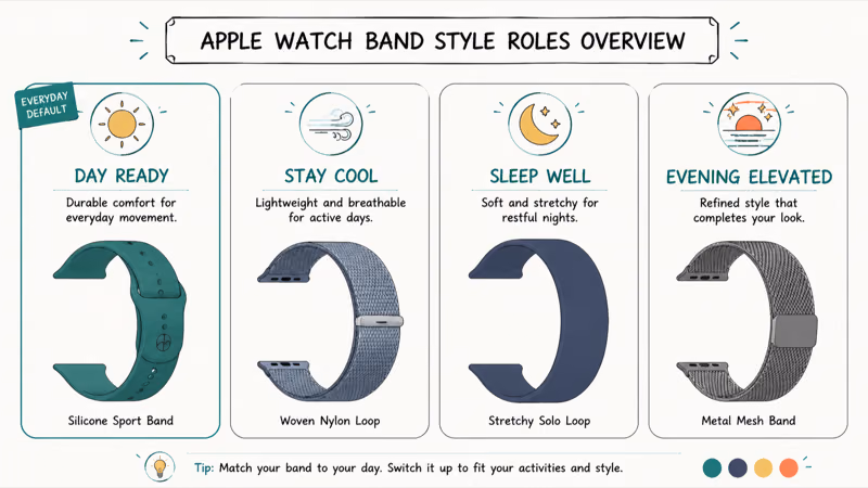 Everyday breathable comfort and dress roles for common Apple Watch band styles