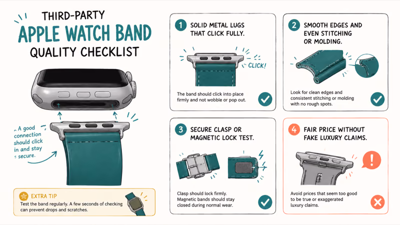 Checklist for quality third-party Apple Watch bands covering lugs clasp and finish