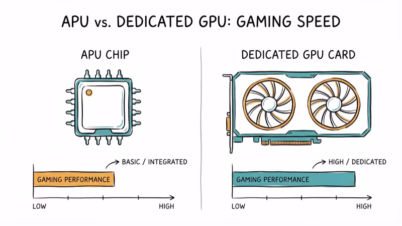 APU chip versus dedicated GPU card with performance comparison bars