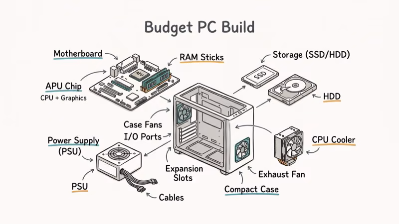 Budget PC build with labeled motherboard APU RAM and power supply components