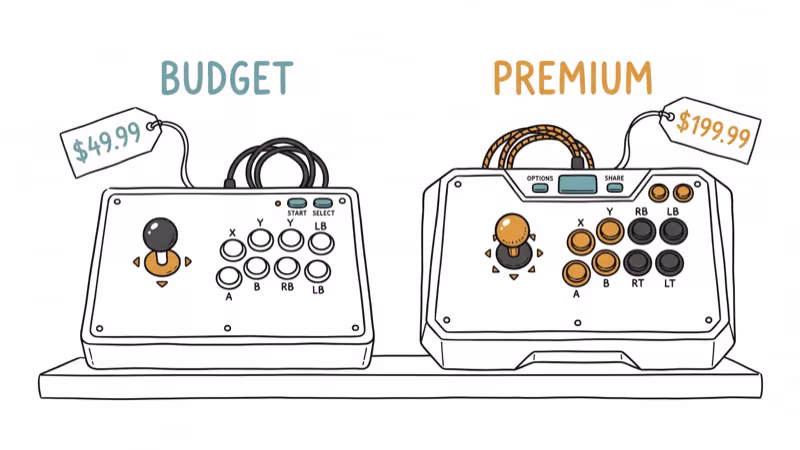 Hand-drawn budget versus premium arcade sticks with price tag comparison