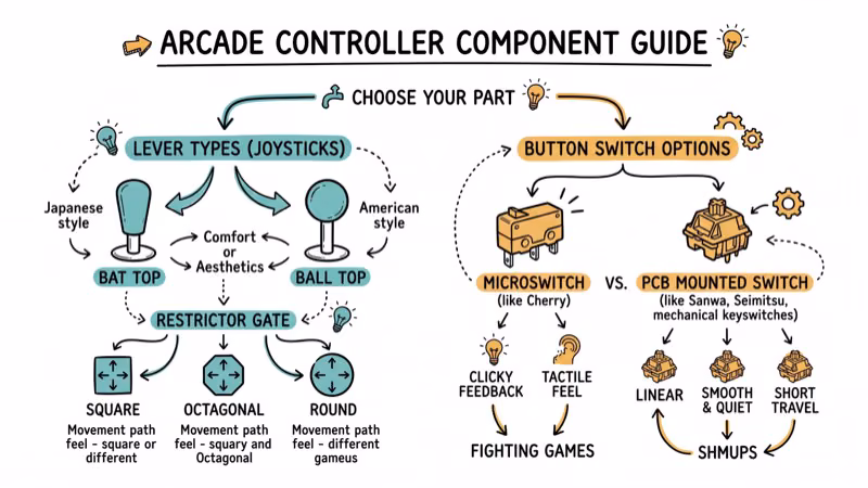 Hand-drawn decision guide showing lever types and button options for arcade sticks