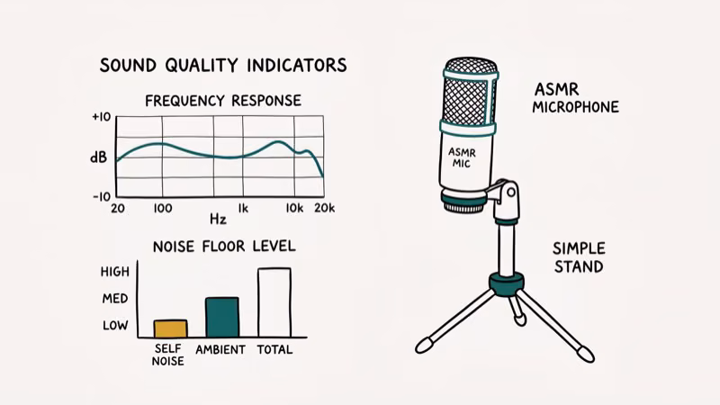 Budget ASMR microphone on desk stand with frequency response curve and noise floor measurement charts
