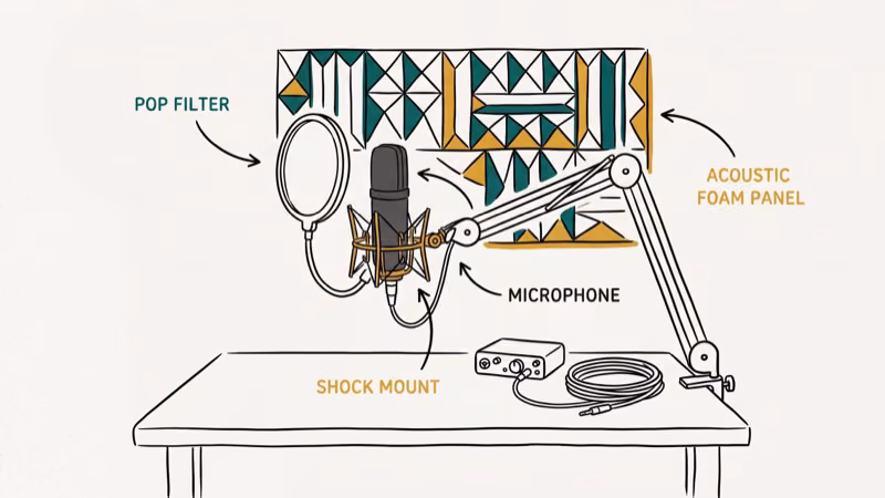 ASMR microphone setup showing shock mount, pop filter, and acoustic foam panel with labels for each component