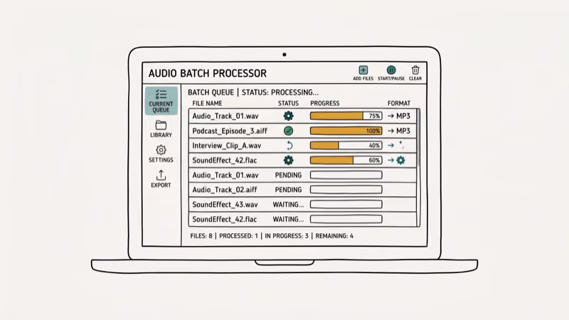 Desktop audio software showing batch file queue with multiple audio files processing simultaneously with progress bars