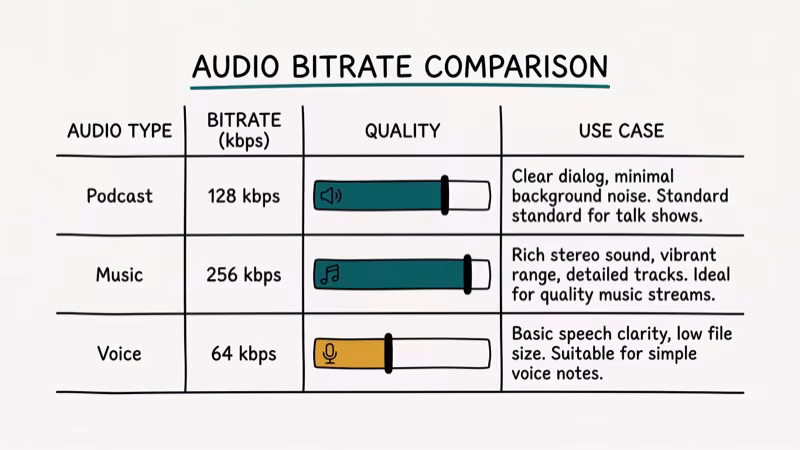 Audio bitrate settings chart comparing podcast, music, and voice content types with recommended kbps values