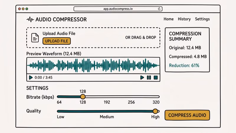 Browser-based audio compressor interface with file upload button, waveform preview, and bitrate settings panel