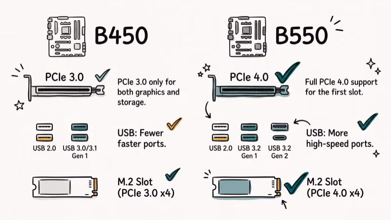 B450 versus B550 chipset comparison showing PCIe generation, USB ports, and M.2 slot differences side by side