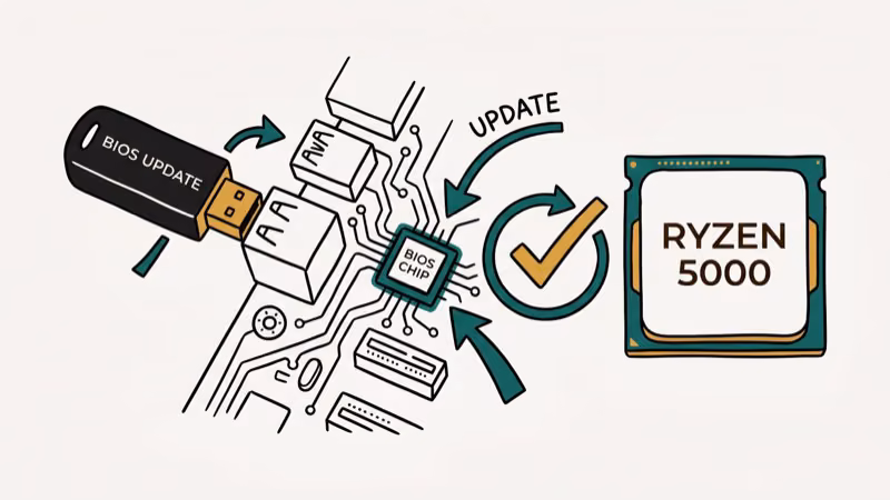 B450 BIOS update process showing USB drive plugged in motherboard with Ryzen 5000 CPU compatibility checkmark