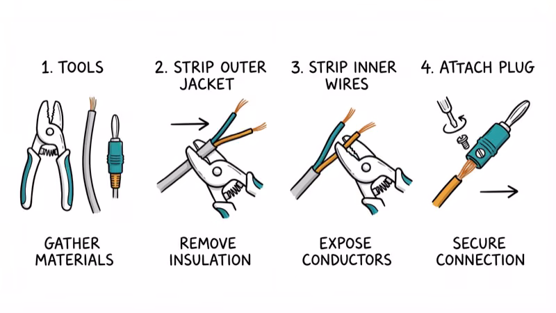 Hand-drawn step-by-step wire stripping and banana plug installation with tools