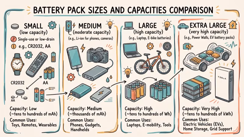 Side by side comparison of five VR battery packs with capacity labels
