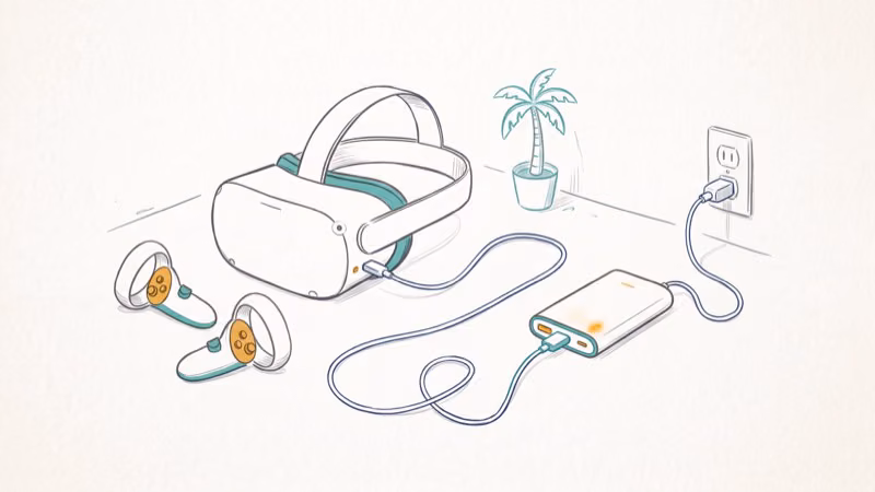 USB-C cable connecting external battery pack to Quest 2 headset while charging