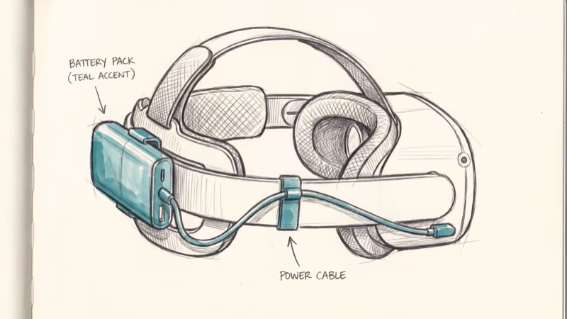 Battery pack mounted on rear of Quest 2 head strap for balance