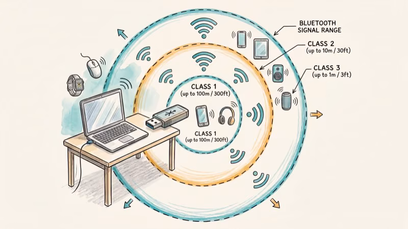Diagram showing Bluetooth signal range through walls for Class 1 and Class 2 adapters