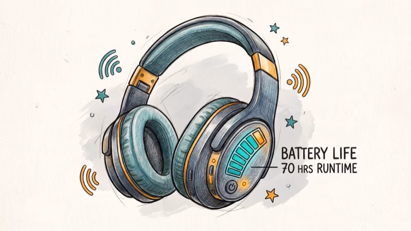 Battery life comparison bars for six Bluetooth headphones from 5 to 53 hours
