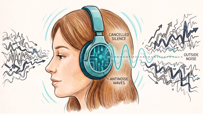 Over-ear headphones with active noise cancellation blocking ambient sound waves