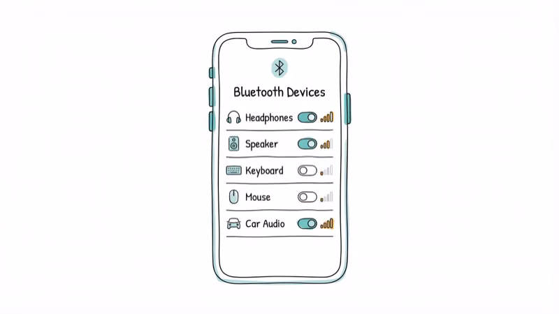 Phone screen showing Bluetooth paired devices list with toggle switches