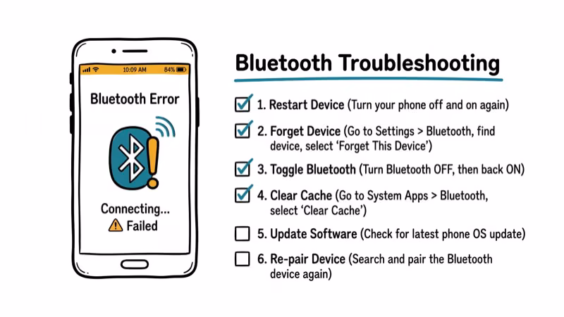 Phone with Bluetooth exclamation mark and troubleshooting checklist beside it