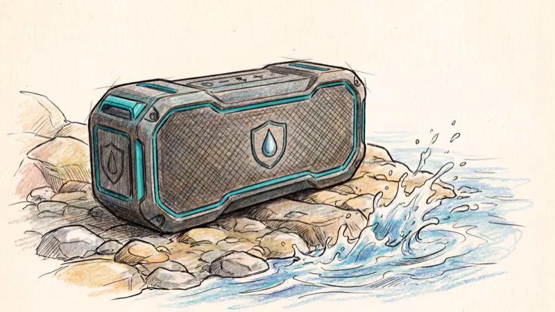 Portable Bluetooth speaker on picnic table during outdoor park listening session