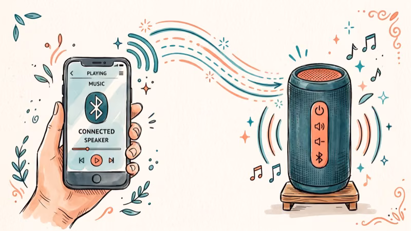 Phone screen showing Bluetooth pairing menu connecting to portable speaker