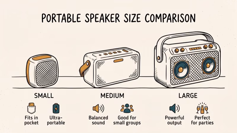 Five Bluetooth speakers arranged by size from compact JBL GO 3 to large DOSS SoundBox