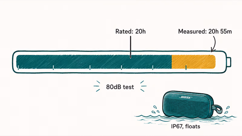 Hand-drawn battery gauge showing Bose SoundLink Plus lasting nearly 21 hours, beating its rated claim
