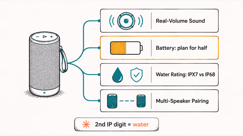 Hand-drawn chart of four Bluetooth speaker buying factors: sound, battery, water rating, and pairing