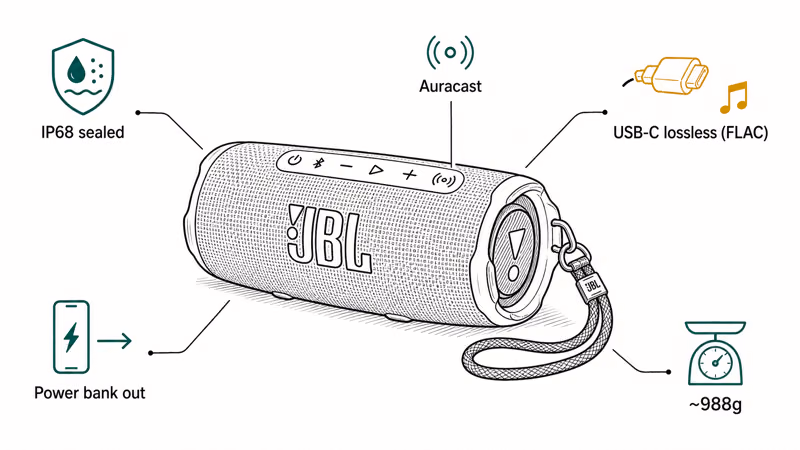 Hand-drawn JBL Charge 6 with labels for IP68, USB-C lossless audio, and power bank