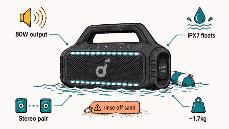Hand-drawn Anker Soundcore Boom 2 floating on water with 80W output and pulsing LED lights
