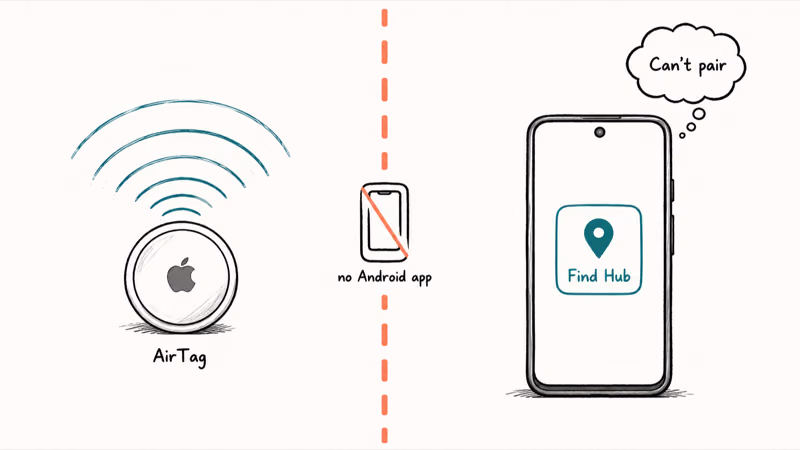 Apple AirTag on the left blocked from pairing with an Android phone on the right