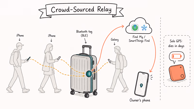 Hand-drawn airport scene showing nearby phones relaying a luggage tracker location to its owner