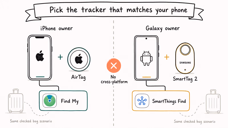 Hand-drawn split scene showing AirTag paired with iPhone and SmartTag 2 paired with Galaxy