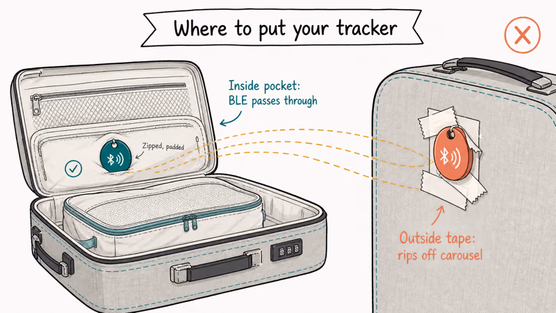 Hand-drawn cutaway of a suitcase showing safe inner pocket placement for a Bluetooth tracker